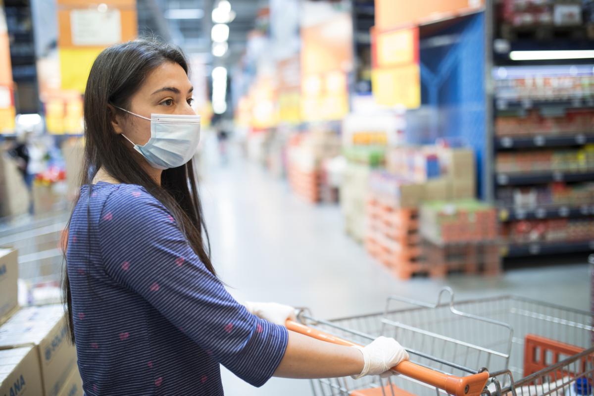 Woman With Face Mask Shopping For Groceries In A Supermarket During